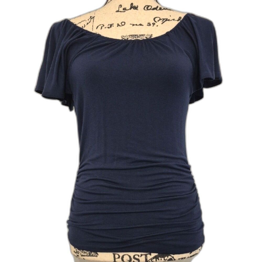 J.Crew Navy Blue Ruched Side Top Flutter Sleeve Stretch Modal Blouse Size S